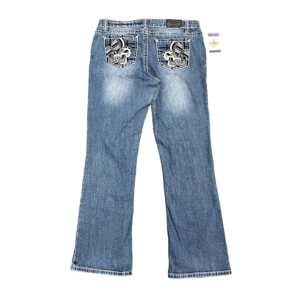 Soundgirl Jeans Juniors 17 Blue Bootcut Studs Bling Thick Stitch Fluer De Lis - Picture 3 of 16